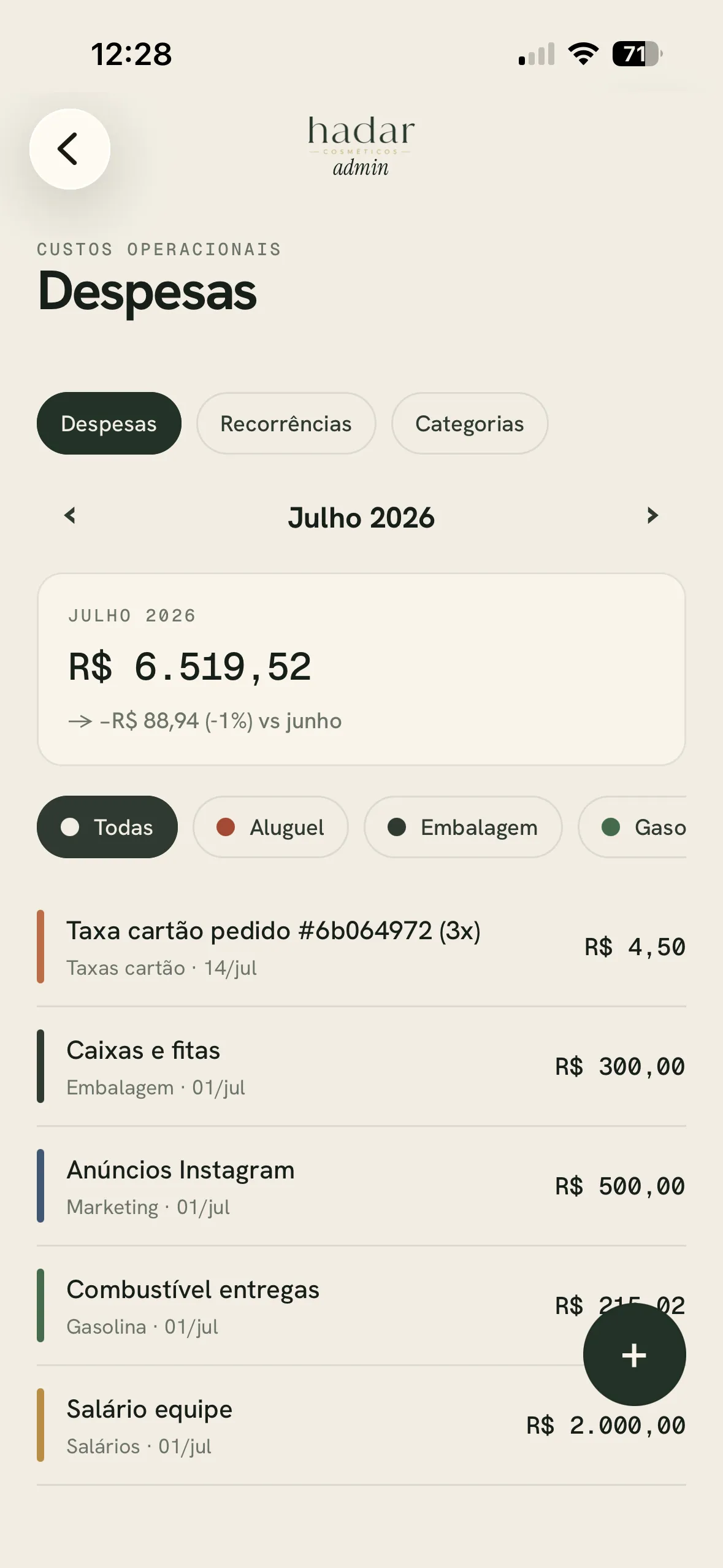 Hadar admin — despesas