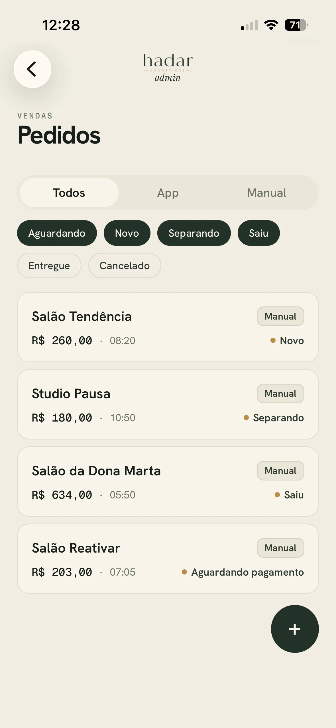 Hadar admin — pedidos