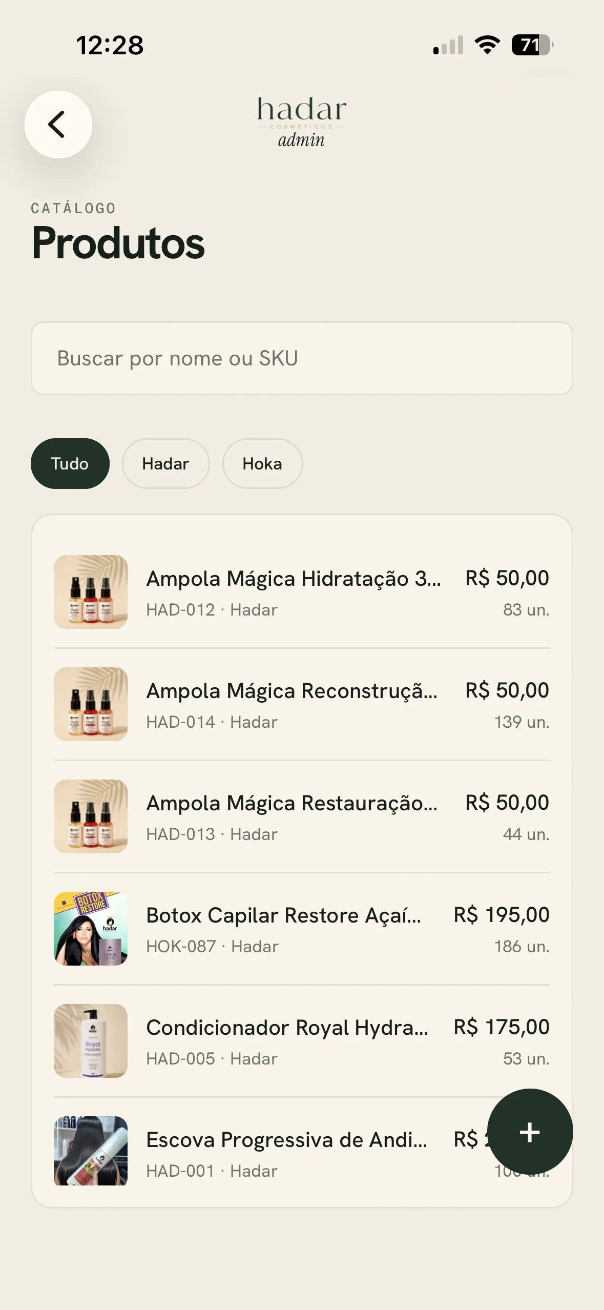 Hadar admin — catálogo de produtos